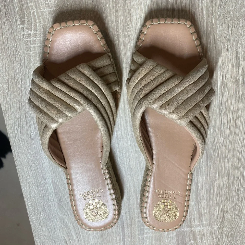 Vince Camuto Melysa Crossband Slide Sandals in Egyptian Gold - Picture 2 of 10